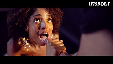 Curvy Ebony Babe Works His Cock With Both Hands and Her Tongue